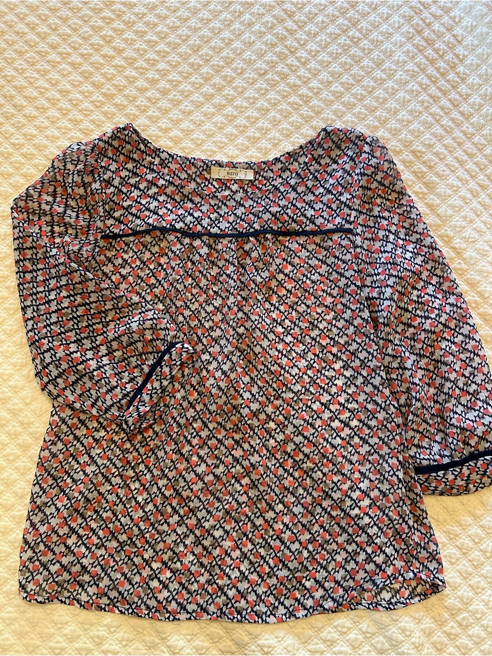 ezra Navy, Coral & White Geometric Print Blouse